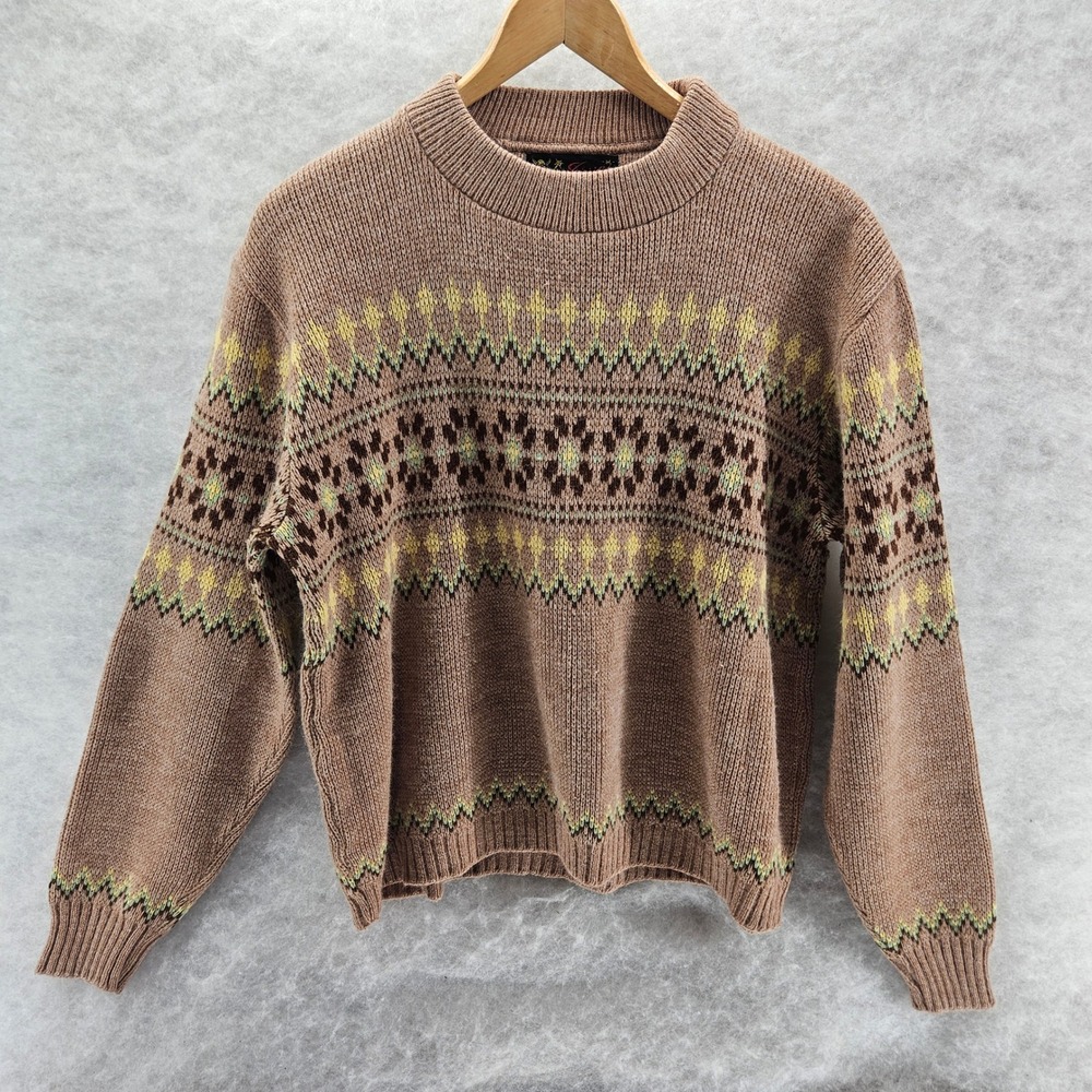 Fersild Mens‎ M Tan Beige Fair Isle Geometric Pattern Mock Neck Sweater Knit Vtg